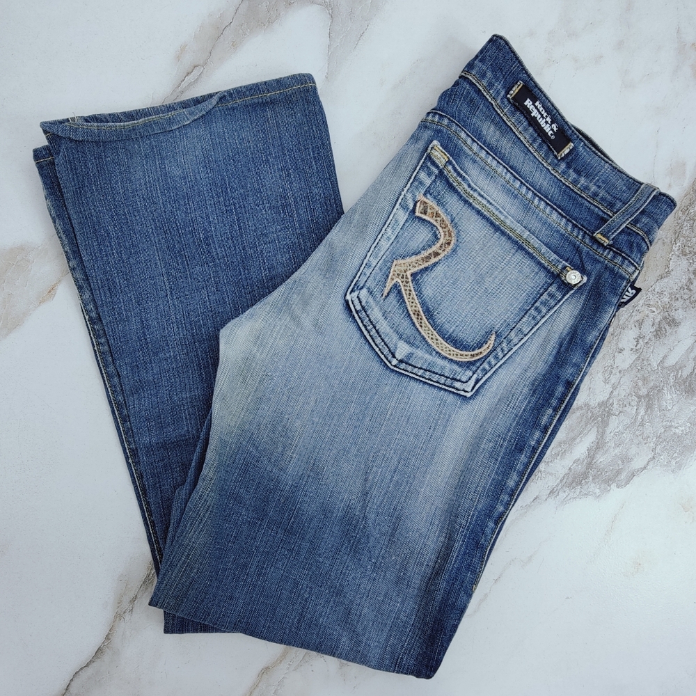 Rock & Republic Snake Print Embellish on Back Pocket Blue Jeans Sz 30